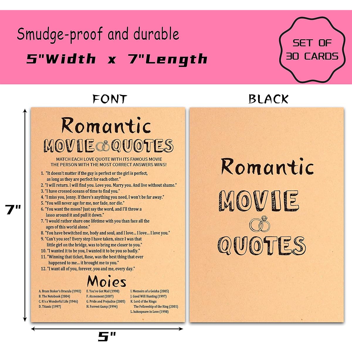 Romantic Movie Quotes - Funny Q & A Games Craft Paper Cards 5" x 7" - Funny Game Ideas for Bridal Wedding Shower or Bachelorette - 30 Game Cards (HLyxk04)