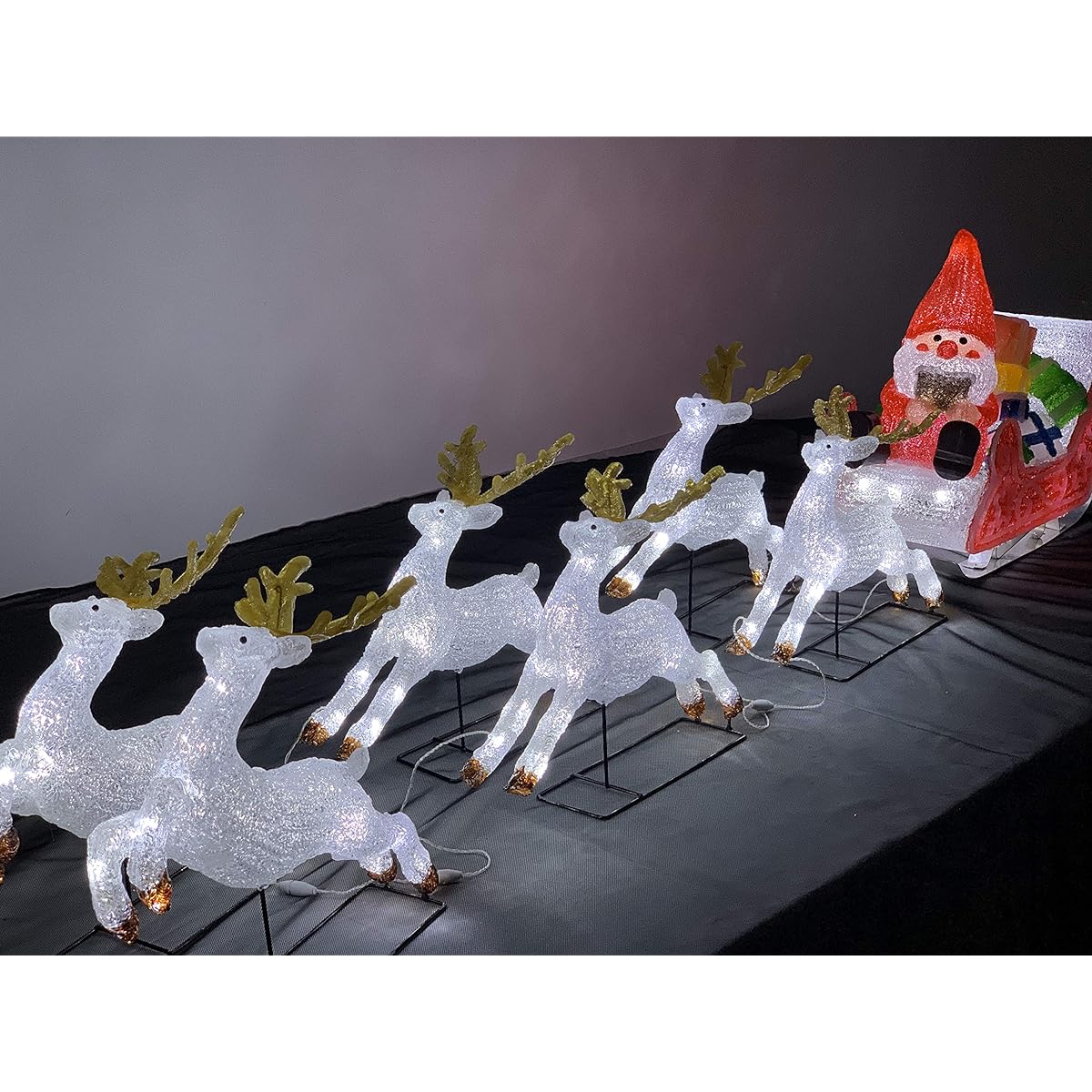Six reindeer, Santa and sleigh set, impressive, over 2m, LED illumination, Christmas motif, crystal brilliant finish, outdoor use