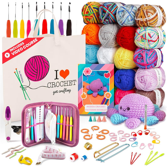 MODDA Crochet Kit for Beginners, Video Course, 20 Color Yarns, Needles, Hooks, Accessories Kit, Canvas Tote Bag, Crochet Starter Kit for Women, Adults, Kids, Knitting Kit