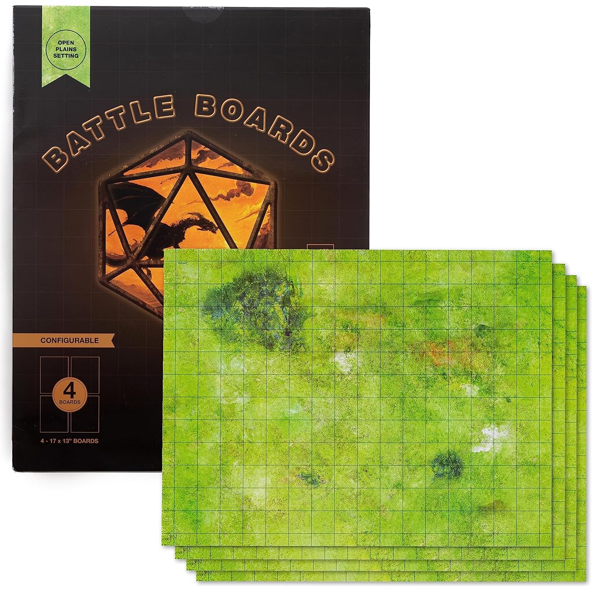 GSM Brands Battle Mat with Grid Dungeons Role Playing Tabletop Dragons Game - Pack of 4 Open Plane Setting Dry Erase Battle Board Non-Slip (17x13" each (makes a 34x26" board)