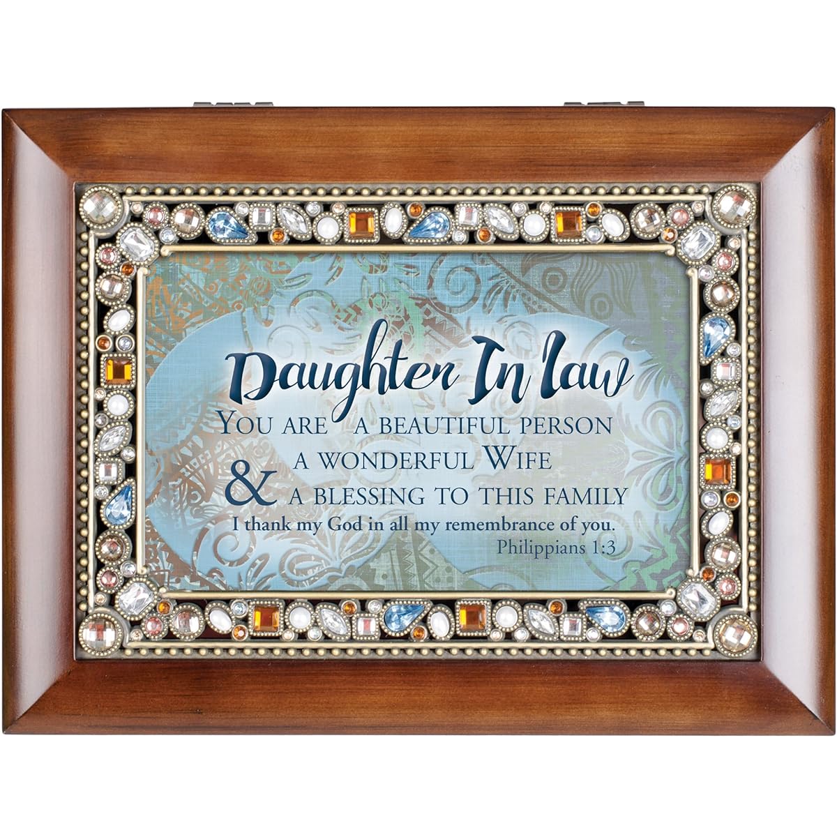 Daughter in Law Blessing Family Jeweled Wood Grain Keepsake Music Box Plays Friend in Jesus
