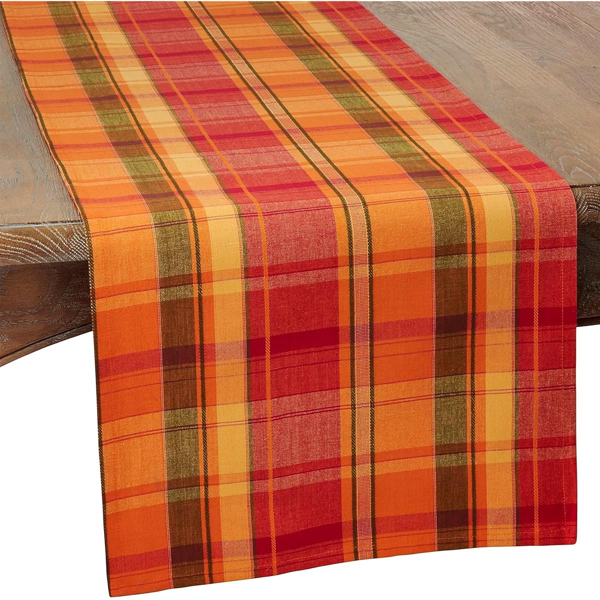 SARO LIFESTYLE Harvest Linen Warm Plaid Design Table Runner 16" x 90", Terracotta