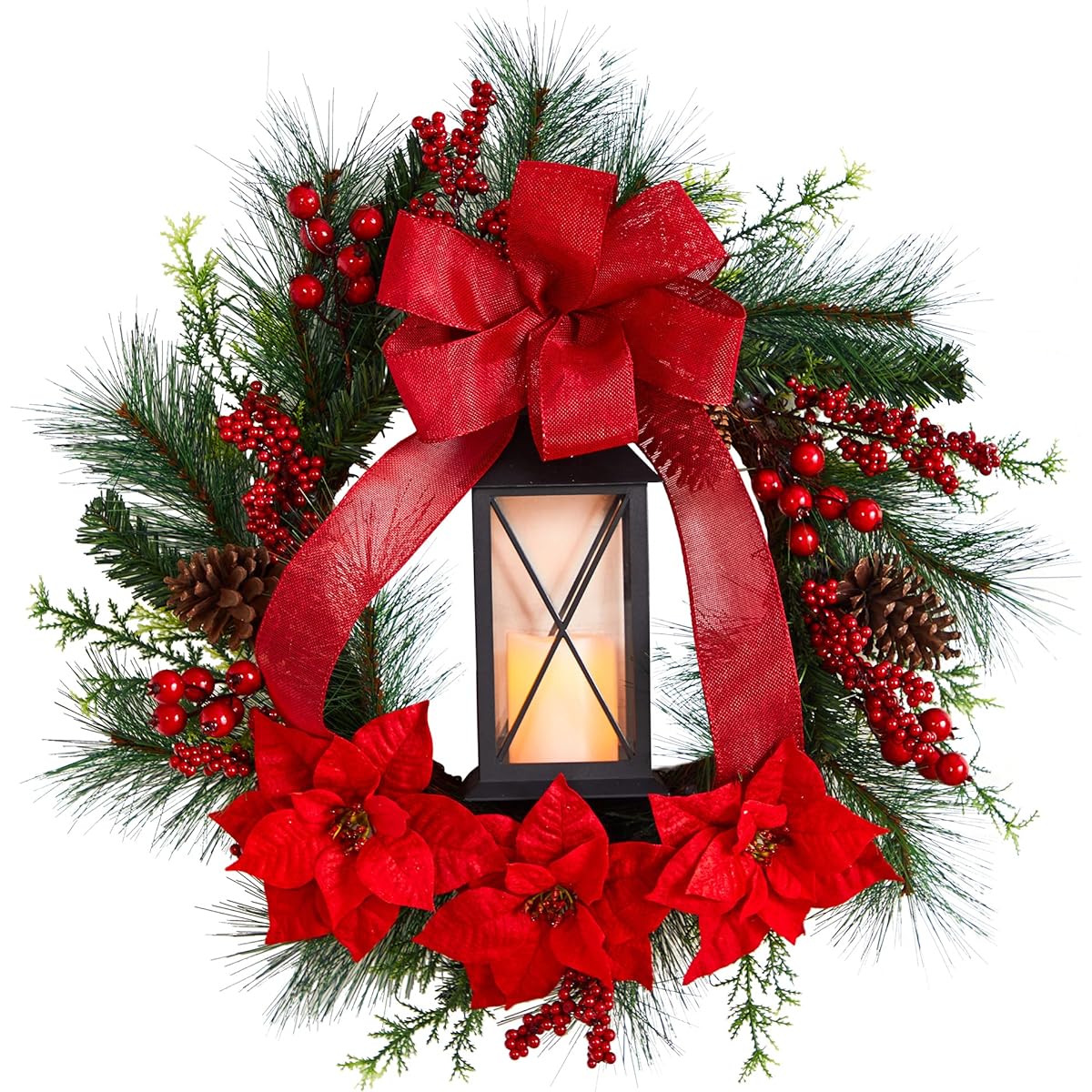 NearlyNatural 28" Poinsettia and Berry Holiday Lantern Christmas Wreath with LED Candle