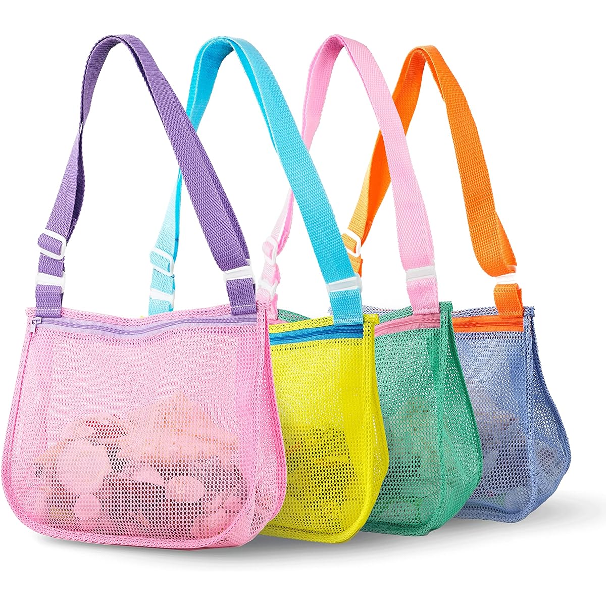 BELLOCHIDDO Beach Toys Mesh Beach Bags, Shell Collecting Bags for Kids, Sand Toys Seashell Bags with Adjustable Carrying Straps, Sand Toys Beach Toys Swimming Accessories for Boys and Girls (4 Pack), Pink, Yellow, Green, Purple