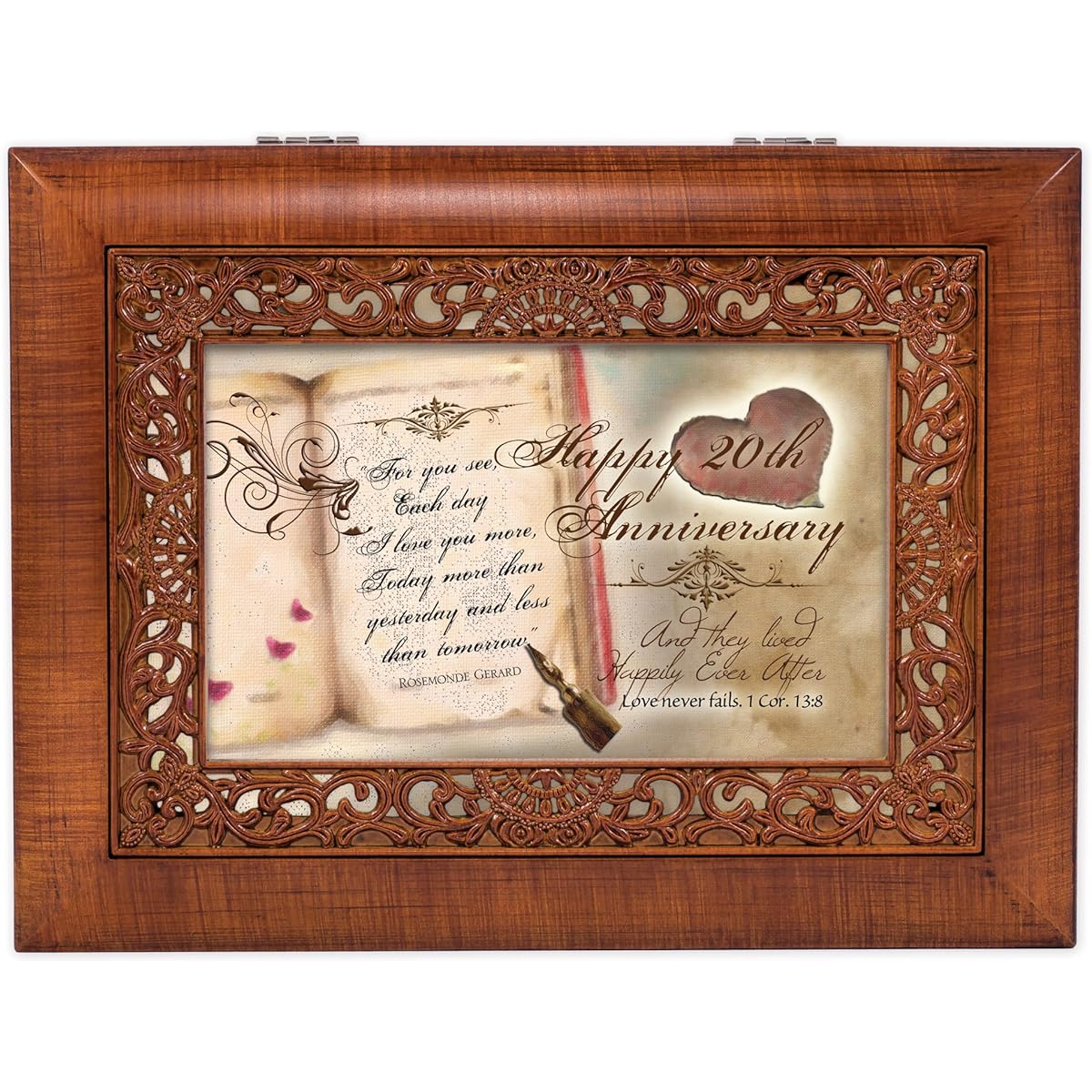 Happy 20th Anniversary Rich Woodgrain Finish with Ornate Inlay Music Jewelry Box - Plays Amazing Grace