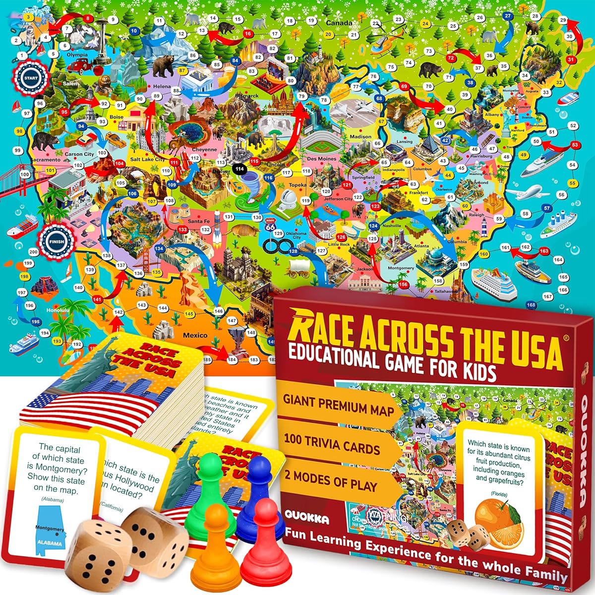 QUOKKA Learning Board Game for Ages 8-12 - Educational Game for Ages 5-7 - | 120 Question Cards | Learn the Map of the United States | Waterproof | Preschool Gifts for Boys & Girls Ages 6-8