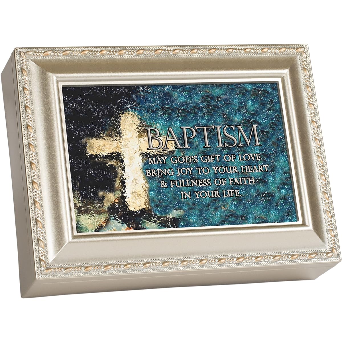 Baptism Gods Gift of Love Joy Champagne Silvertone Keepsake Music Box Plays Amazing Grace