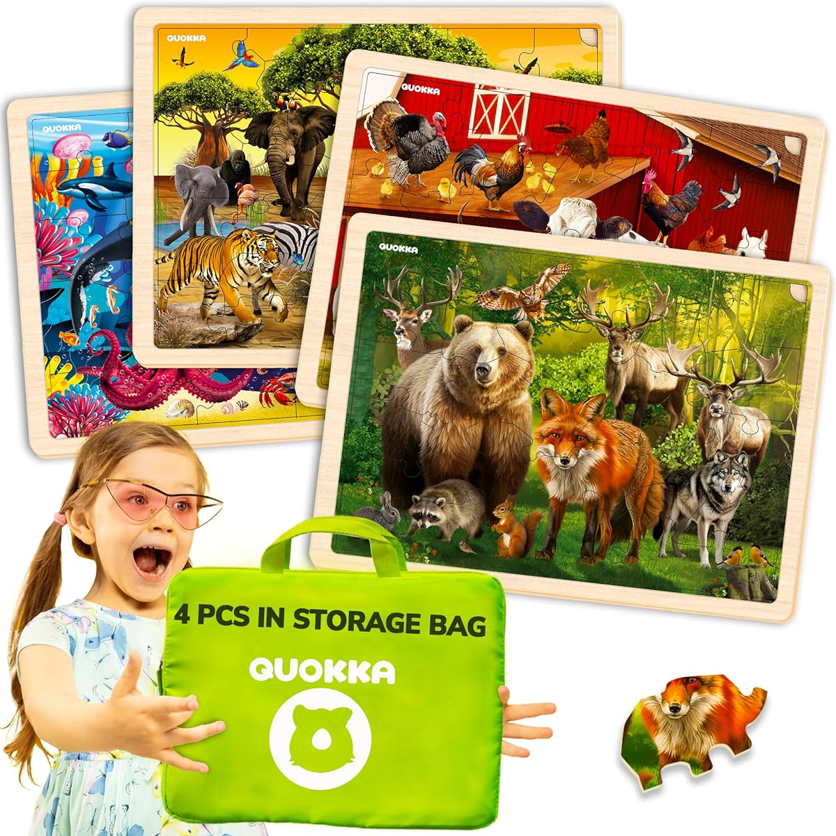 QUOKKA Set of 4 Puzzles for Kids Ages 4-6 - 24 Piece Wooden Toddler Realistic Montessori Puzzles for Ages 3-5 - Wild Animals Africa Ocean Farm Learning Games for Boys and Girls Ages 4-8