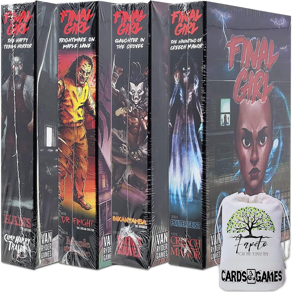 Horror Game Final Girl ONLY EXPANSIONS: Happy Trails, Haunting of Creech Manor, Slaughter in the Groves, Frightmare on Maple Lane (Compatible with Final Girl Box) Bundle with Random Color Drawstring Bag