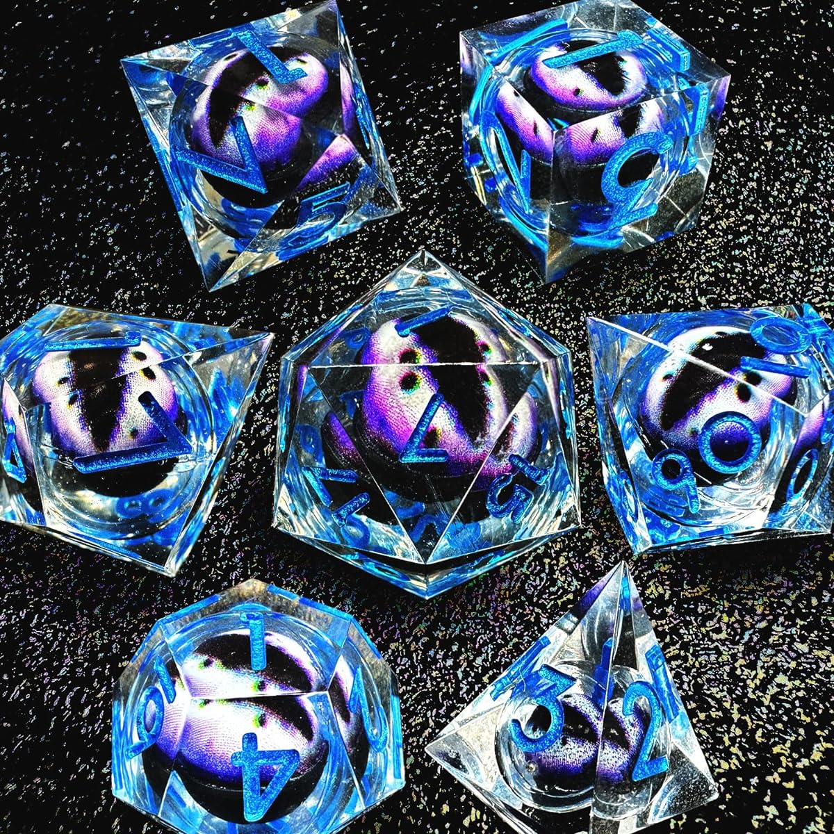 HAOMEJA Resin Dragon Eye DND Dice Set D&D 7pcs Resin Sharp Edge Liquid Core Role Playing Dice with Dragon Eye Bag Polyhedral Dungeons and Dragons Dice D20 D12 D10 D8 D6 D4 (Eye Purple)