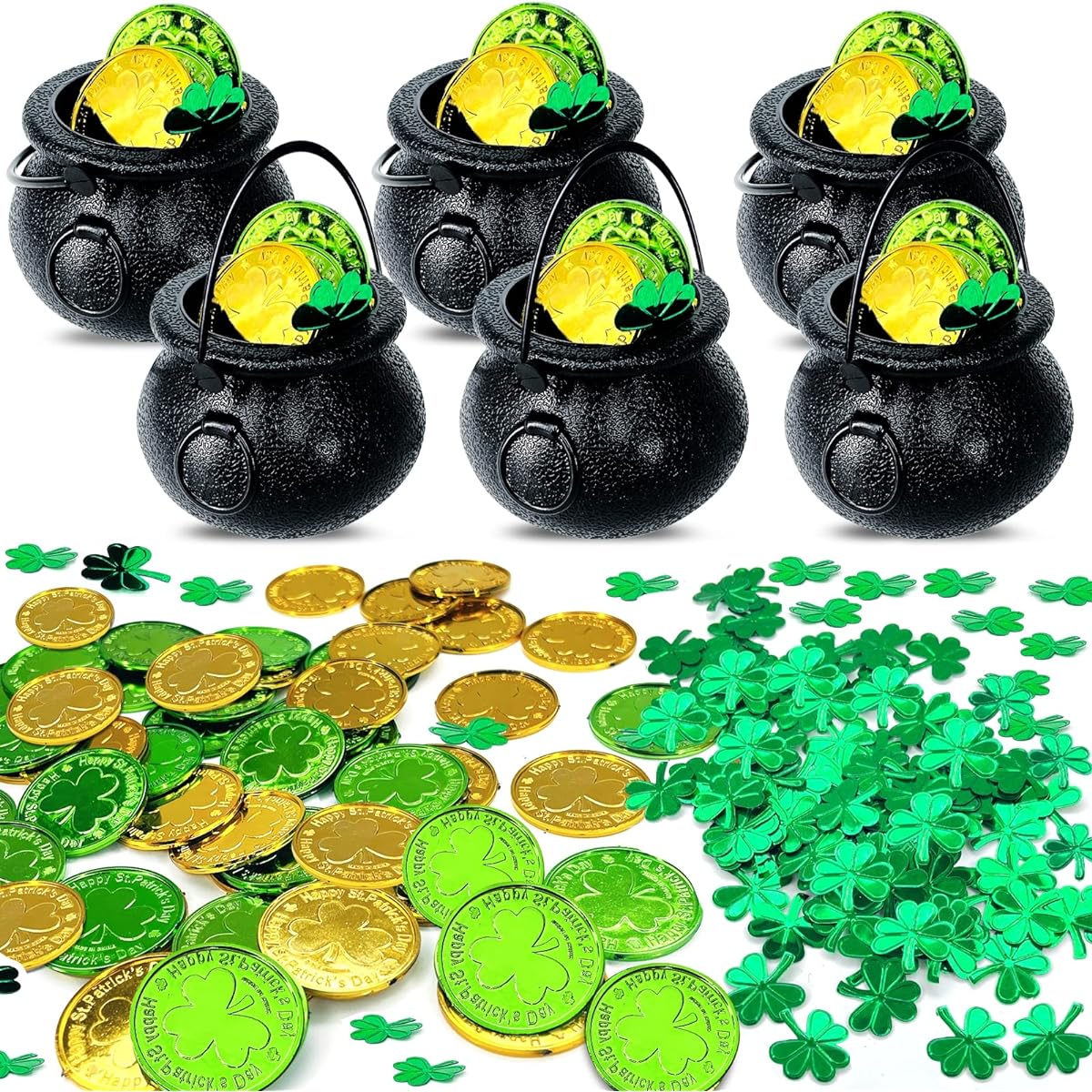 St. Patrick's Day Party Decorations Cauldron Kettle with 6pcs Plastic Shamrocks, Gold Coins, 138 Clovers, Confetti, Sprinkles Lucky Irish St. Patrick's Day Decor Table Home Indoor/Outdoor Party Supplies