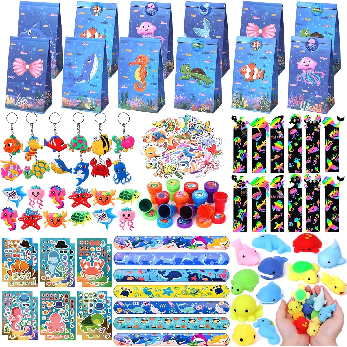 Winrayk 148pcs Undersea Party Favors Birthday Supplies Kids Ocean Sea Animal Toys Gift Bags Squishy Bookmarks DIY Stickers Stamps Keychains Bracelets Rings Goodie Bag Stuffers Sea Birthday Party Favors (Blue, One Size)