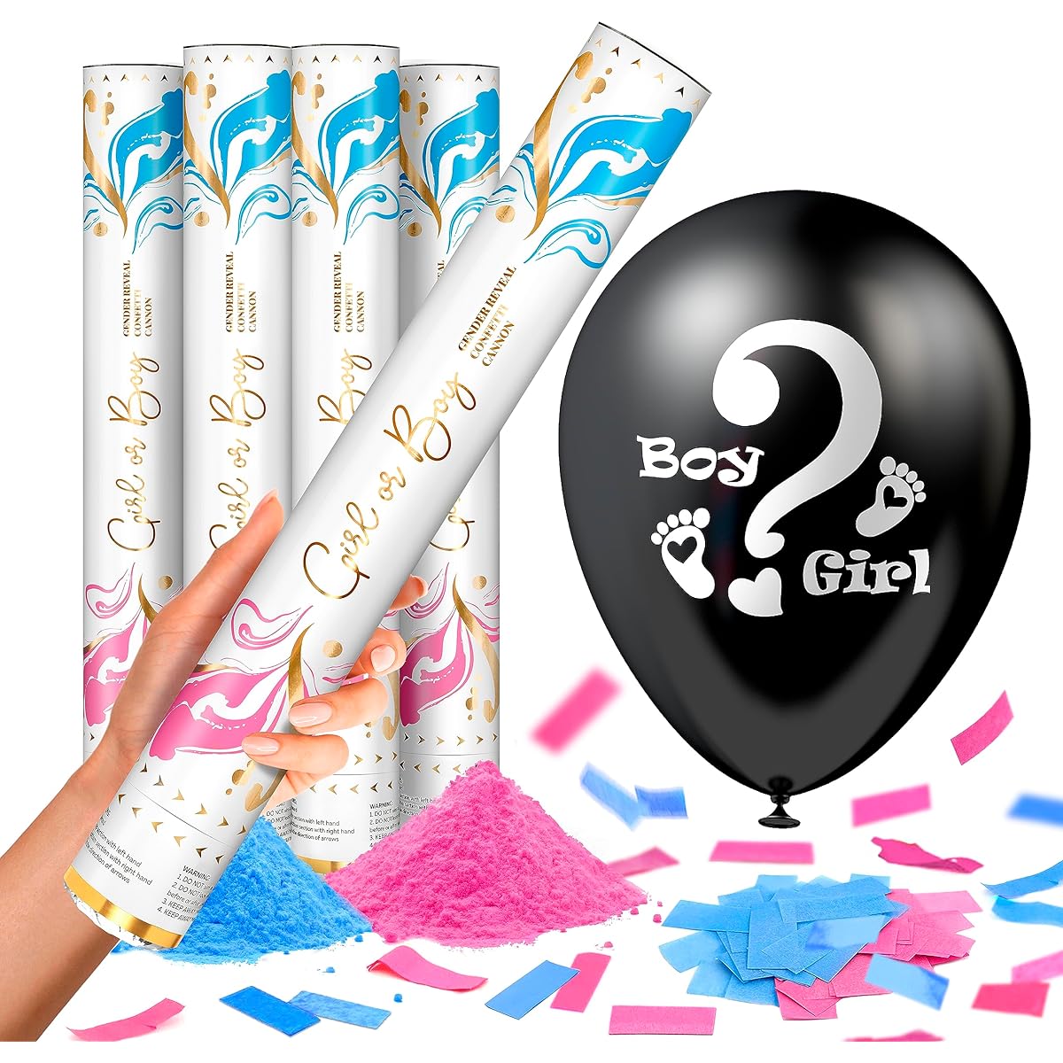 JAPJA Gender Reveal Powder Cannon & Confetti Balloons - 4XL (16 inch) Cannons (2 Pink & 2 Blue Smoke Bombs | Poppers) & Boy or Girl Balloons Party Supplies & Decorations for Baby Gender Reveal Party