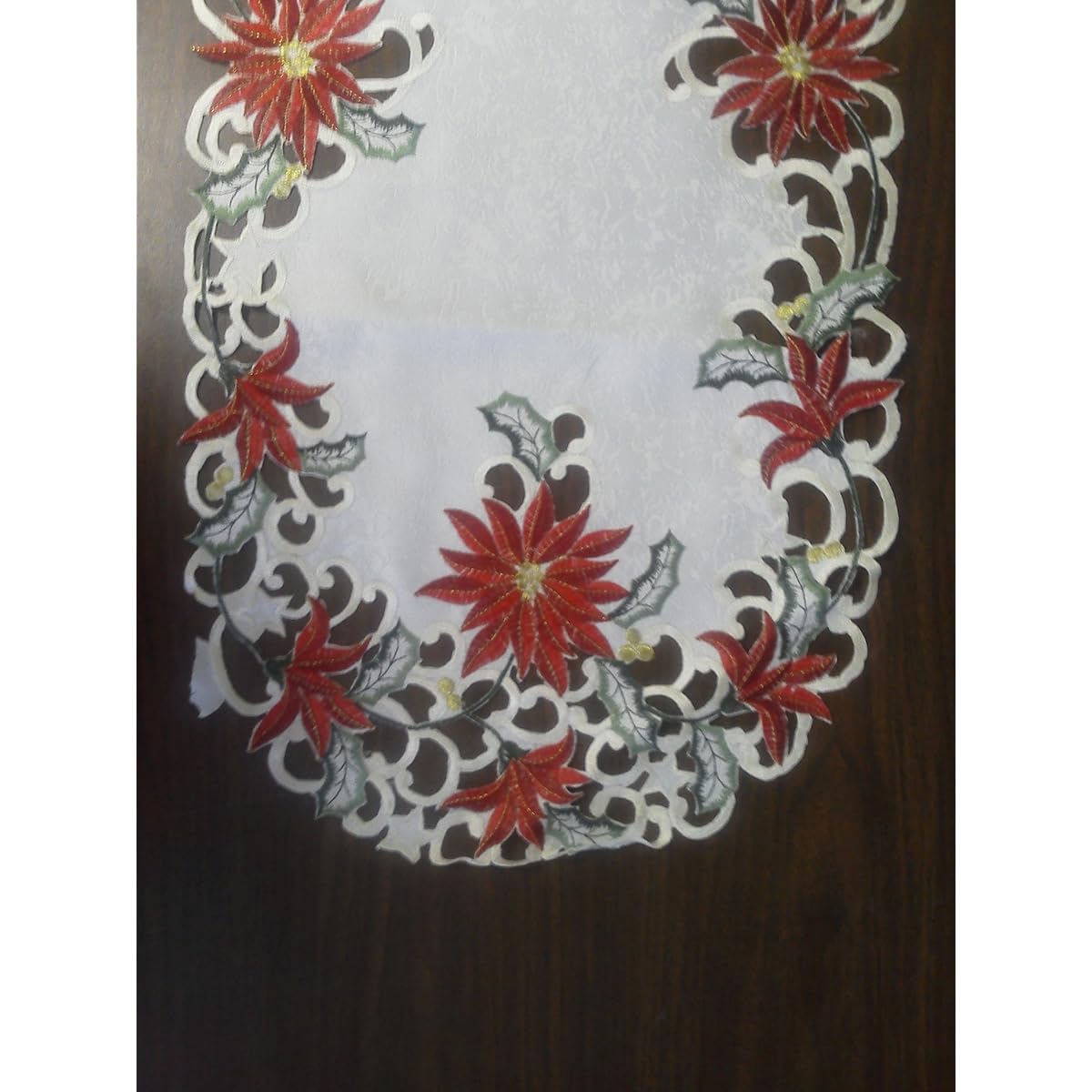 Christmas Table Runner Embroidered with Red Poinsettias on Antique Fabric, Size 70 x 15 Inch