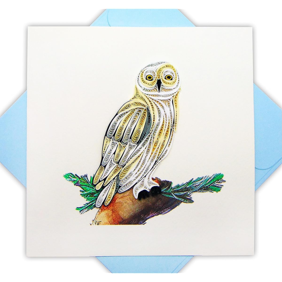 Snowy Owl, Quilling Card 3D - Unique Exclusive Handmade Design Greeting Cards for Birthday, Valentine's, Mother's Day, Spring, Father's Day, Graduation, Wedding, Anniversary, Thank You, Get Well, Any Occasion | 6" x 6"