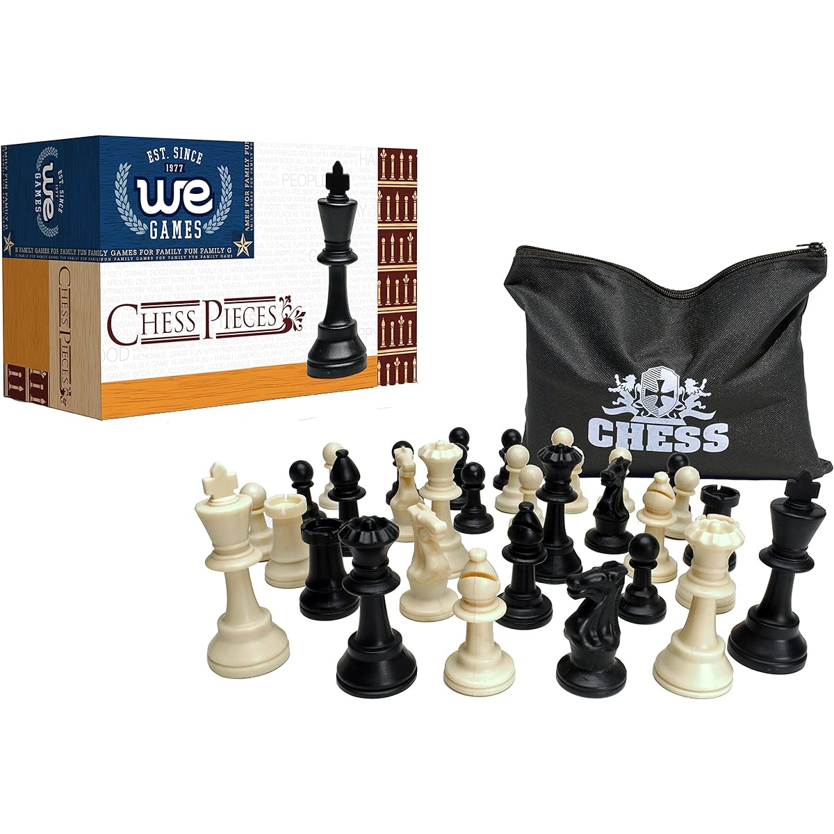 WE Games Classic Tournament Staunton Chessmen - Heavy Weighted Black & Cream Plastic Set with 3.75 Inch King