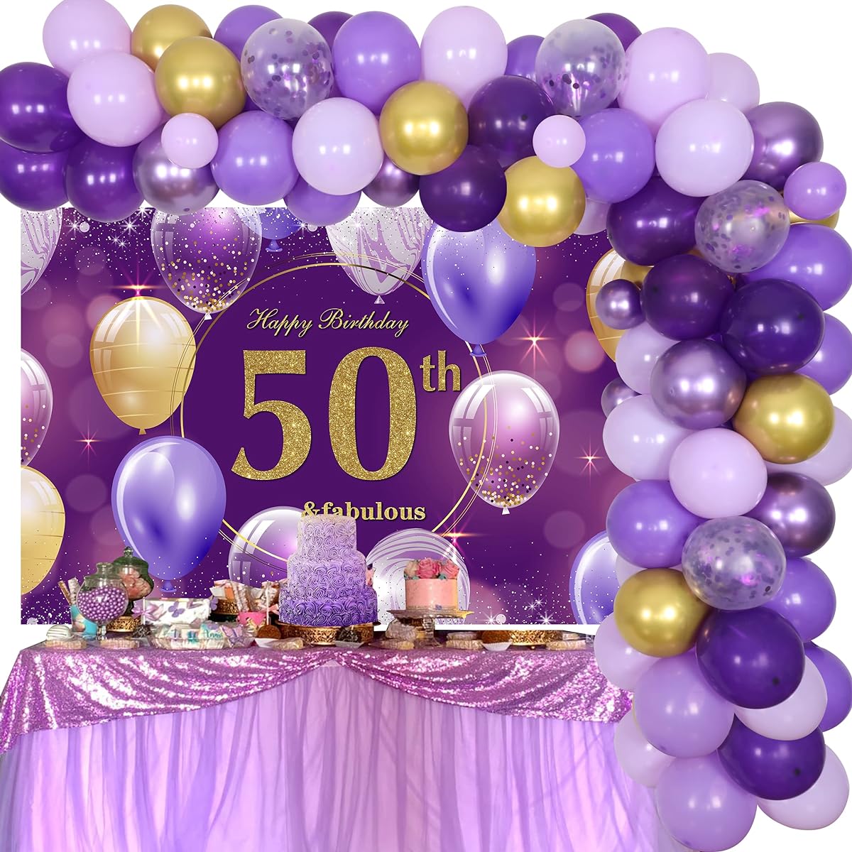 Purple 50th Birthday Decorations for Women - Balloon Garland Kit Purple & Gold 5x3ft Happy 50th Birthday Backdrop, Confetti Balloons 50th Birthday Party Supplies