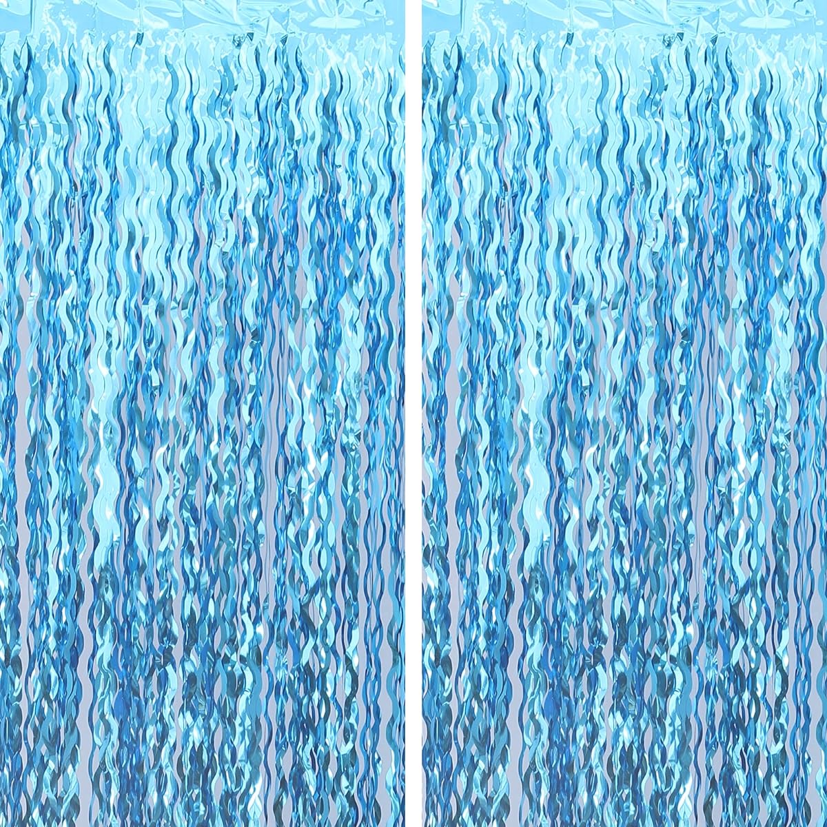 Wavy Tinsel Foil Fringe Curtains Photo Booth Props Mermaid Birthday Under the Sea Party Decorations (2 Pack 3.3ft x 6.5ft Teal Blue)