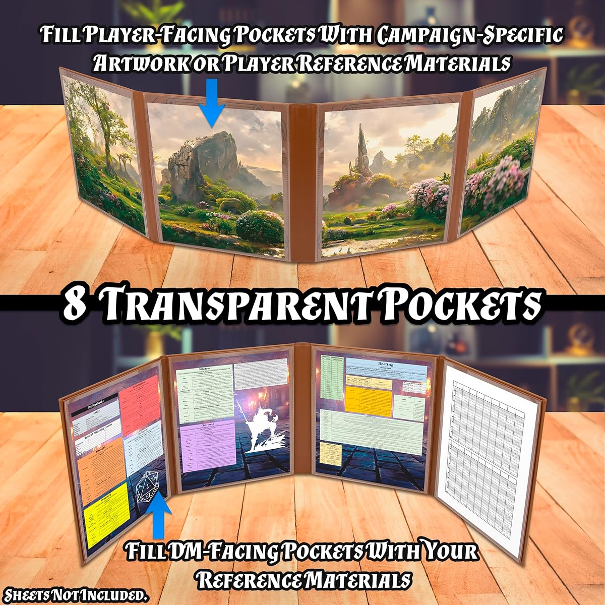 CASEMATIX DM Screen, Faux Leather, Double-Sided, Customizable GM Screen - 8-Pocket Folding Dungeon Master Screen with Exterior-Facing Window for Artwork or Reference Sheets, Insert Not Included