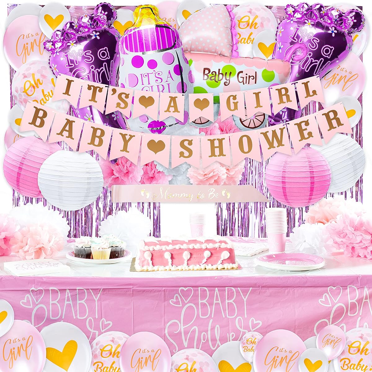 Baby Shower Decorations Kit for Girls: Pink, White, Champagne Gold Party Decor - Girl Banner, Balloons, Tissue Paper Poms, Hanging Lantern Decorations Bundle - Includes Sash and Tiara