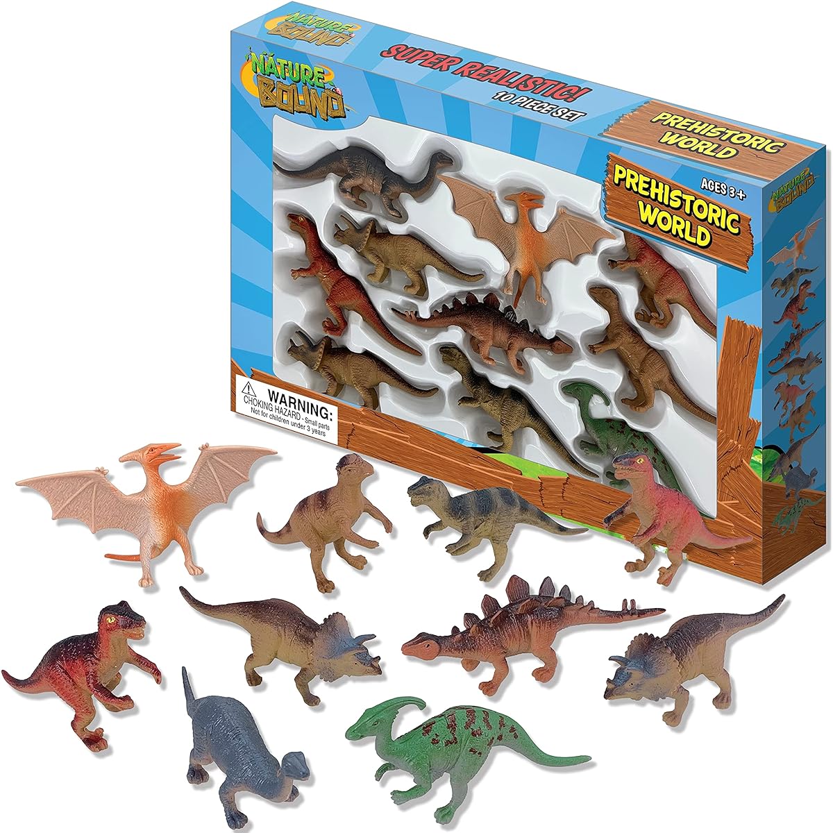 Nature Bound Toys - Prehistoric Dinosaur Animals, Box Set of 10 Hand-Painted Figures (10 Piece Set), Ages 3+, Assorted (NB561)