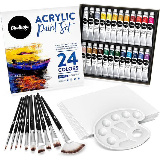 Chalkola Acrylic Paint Set for Adults, Kids & Artists - Acrylic Paint Supplies Kit with 24 Bottles of Acrylic Paint (22ml), 10 Paint Brushes, 5 Canvases for Acrylic Paint (8x10) & 1 Palette