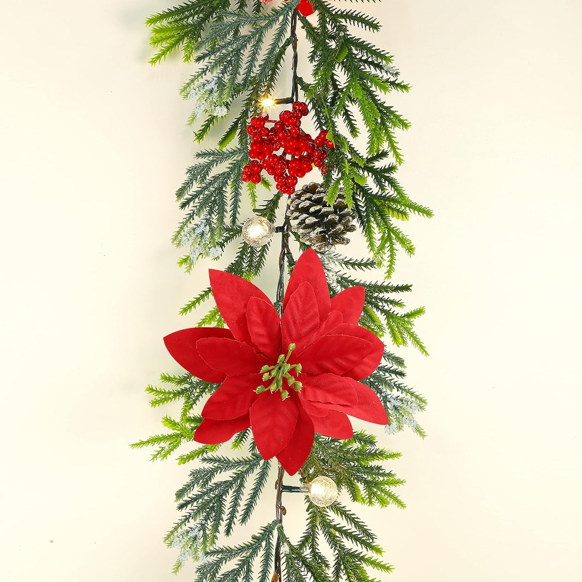 Juegoal Christmas Garland 2 Pack 9FT Pre-Lighted Christmas Flocked Garland with Lights Poinsettia Spruce Timer Battery Operated Lights for Garden Home Winter New Year Decoration Jean Red (YO-TTSZ-2)