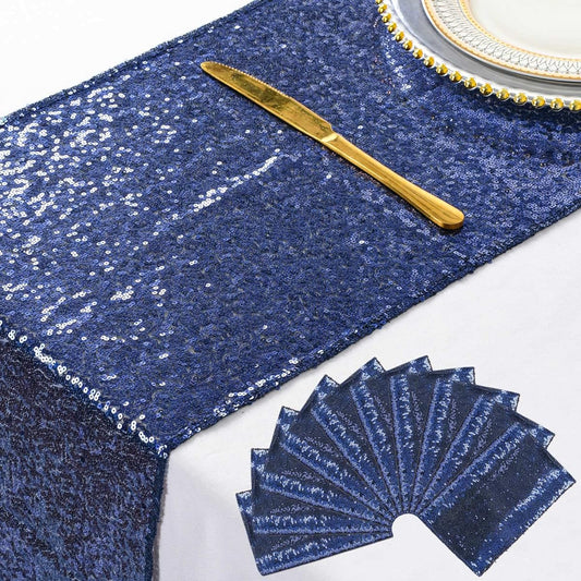 (10, Navy Blue) - ShinyBeauty Navy Blue Table Runner 30cm x 270cm Sequin Table Runners Pack Of 10 Navy Party Decorations