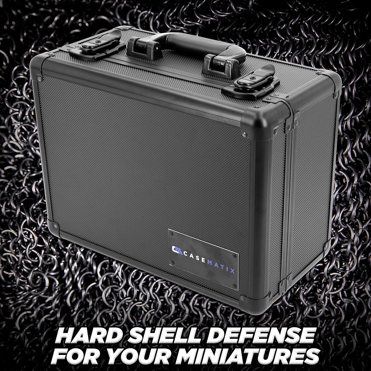 CASEMATIX 14" Miniature Storage Lock Box with 2 Miniature Storage Foam Trays, Aluminum Frame Miniature Carry Case with Customizable Foam Trays, Locking Latch and 2 Keys Included
