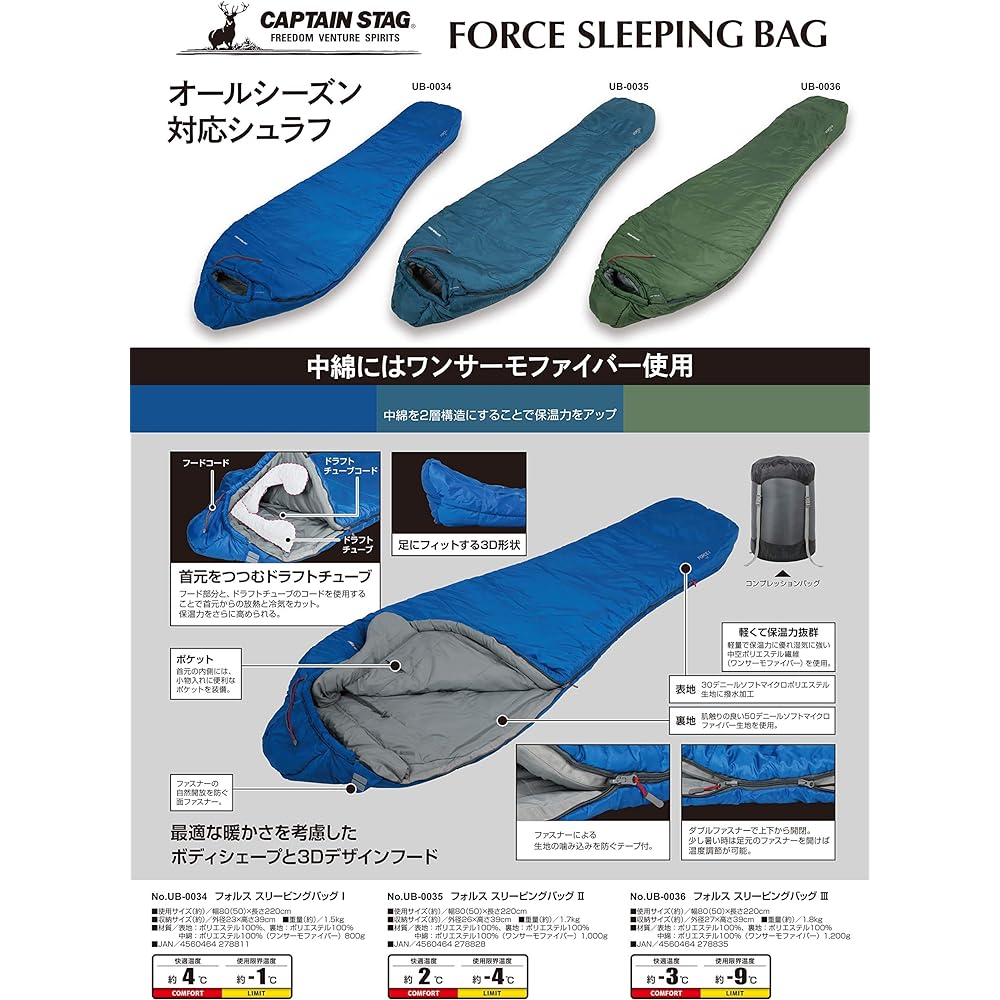 CAPTAIN STAG Sleeping Bag Sleeper [Comfortable Temperature -3~4 degrees/Usage Limit Temperature -9~-1 degrees] Mummy-shaped sleeping bag, suitable for all seasons, fully washable, comes with compression bag, False UB-34/UB-35/UB- 36