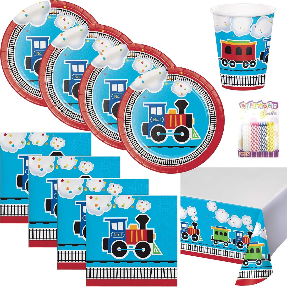 Lobyn Value Pack 16 Serves Train First Party Supplies Pack Dessert Plates, Beverage Napkins, Cups, Table Cover - First Party Tableware Supply Set Kit with Birthday Candles