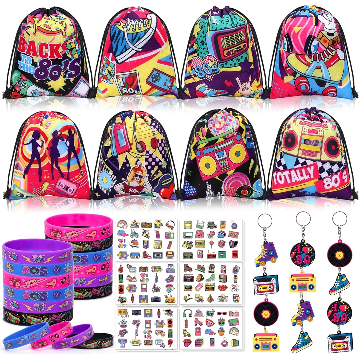 Winrayk 12 Sets 80s Party Favors Birthday Supplies for Teens Retro Hip Hop Drawstring Bags Silicone Bracelets Keychains Tattoo Stickers Pinata Fillers Goodie Bag Stuffers 80s Theme Party Supplies Decorations