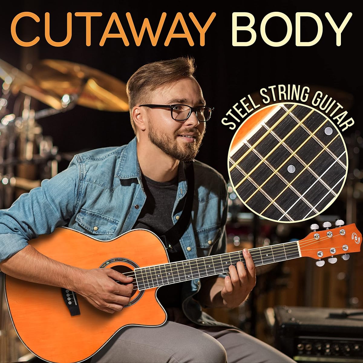 Pyle 36" Cutaway Acoustic Guitar 3/4 Size Orange Matte 6 Steel Strings Gig Bag Tuner Spare Strings Pick Strap Beginner Kids Right Handed