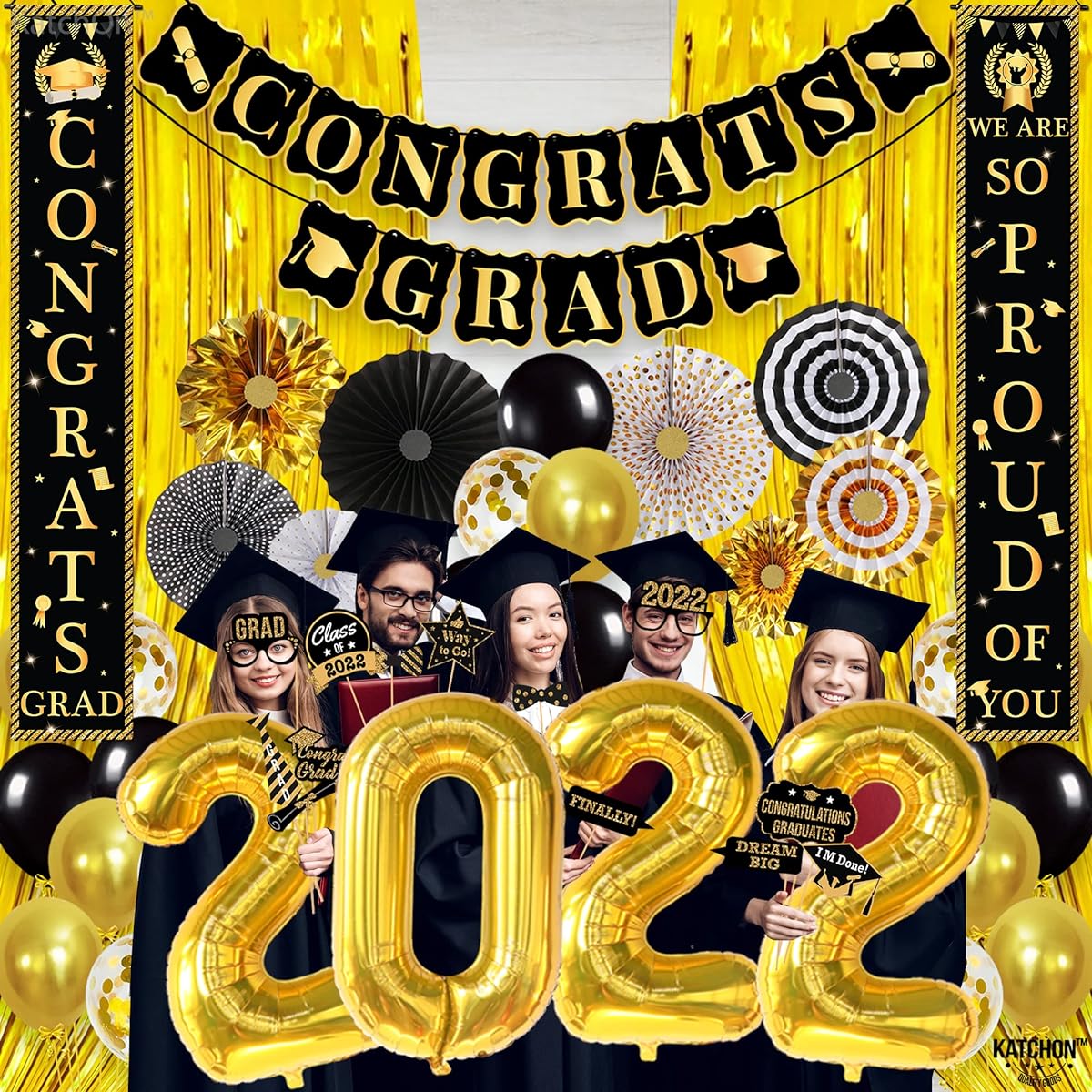 Giant Graduation Party Decorations 2022 - 63 Pack | Proud Banner with Graduation Photo Booth Props 2022 | Gold Foil Fringe and Paper Fan, Black and Gold Graduation Decorations 2022