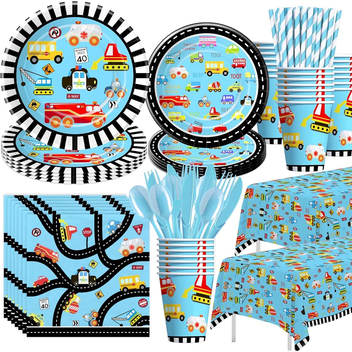 Xigejob Traffic Jam Car Truck Transportation Birthday Party Supplies Tableware Plates Cups Napkins Table Cloth Cutlery Straws Construction Transport Vehicle Party Decoration Tableware | Serve 24
