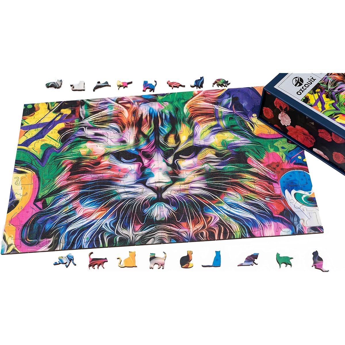 Oxcauix Cat Wooden Jigsaw Puzzle for Adults and Teens - 200 Pieces Uniquely Shaped Wood Cuts, Vibrant Colors, Medium 12.8" x 7.9" Beautiful Gift Packaging