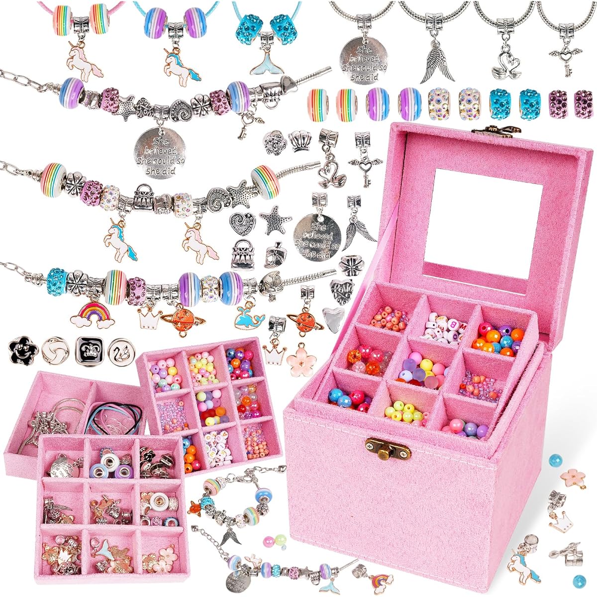 WJZDY Charm Bracelet Making Kit Jewelry Making Kit Toys Crafts for Girls Art Supplies Beads DIY Bracelet Friendship Bracelet Kit with Pink Jewelry Box Perfect Birthday Gift for Girls