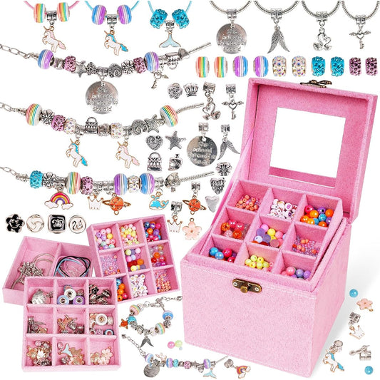 WJZDY Charm Bracelet Making Kit Jewelry Making Kit Toys Crafts for Girls Art Supplies Beads DIY Bracelet Friendship Bracelet Kit with Pink Jewelry Box Perfect Birthday Gift for Girls