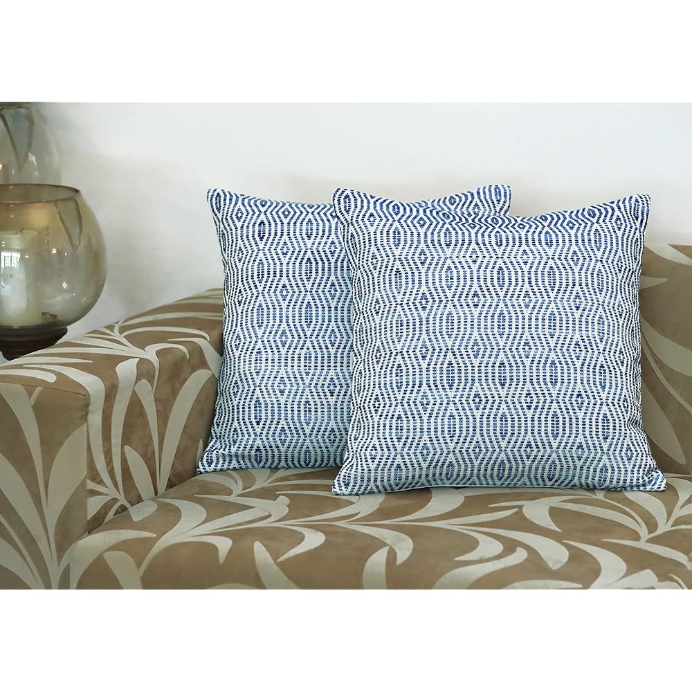 Woven Virtues Blue and White Soft Decorative Cushion Cover - Set of 2, Luxurious Hand Woven, Delicate and Fashionable, Organic and Comfortable Feel, Blue and White Diamonds in Length 50 x 50 cm