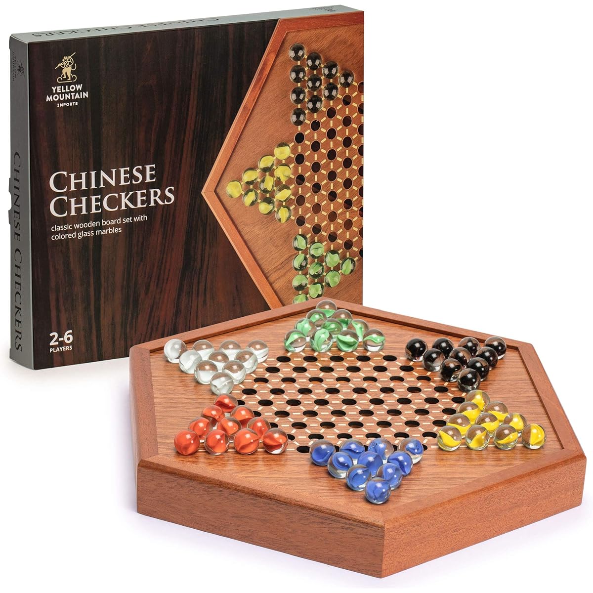 Wooden Chinese Checkers Halma Board Game Set - 12.7 Inch - Includes Drawer and Glass Marbles - Made by Yellow Mountain Imports