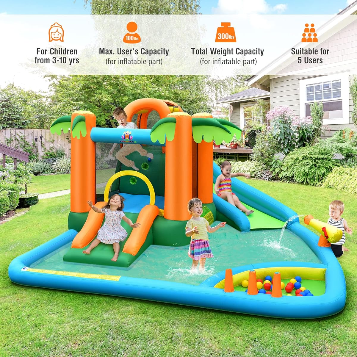 Costzon Inflatable Water Slide 7 in 1 Kids Giant Water Park Bounce House for Outdoor Fun Splash Pool Climbing Wall Water Cannon Water Slide Inflatable Gift Present for Kids and Adults