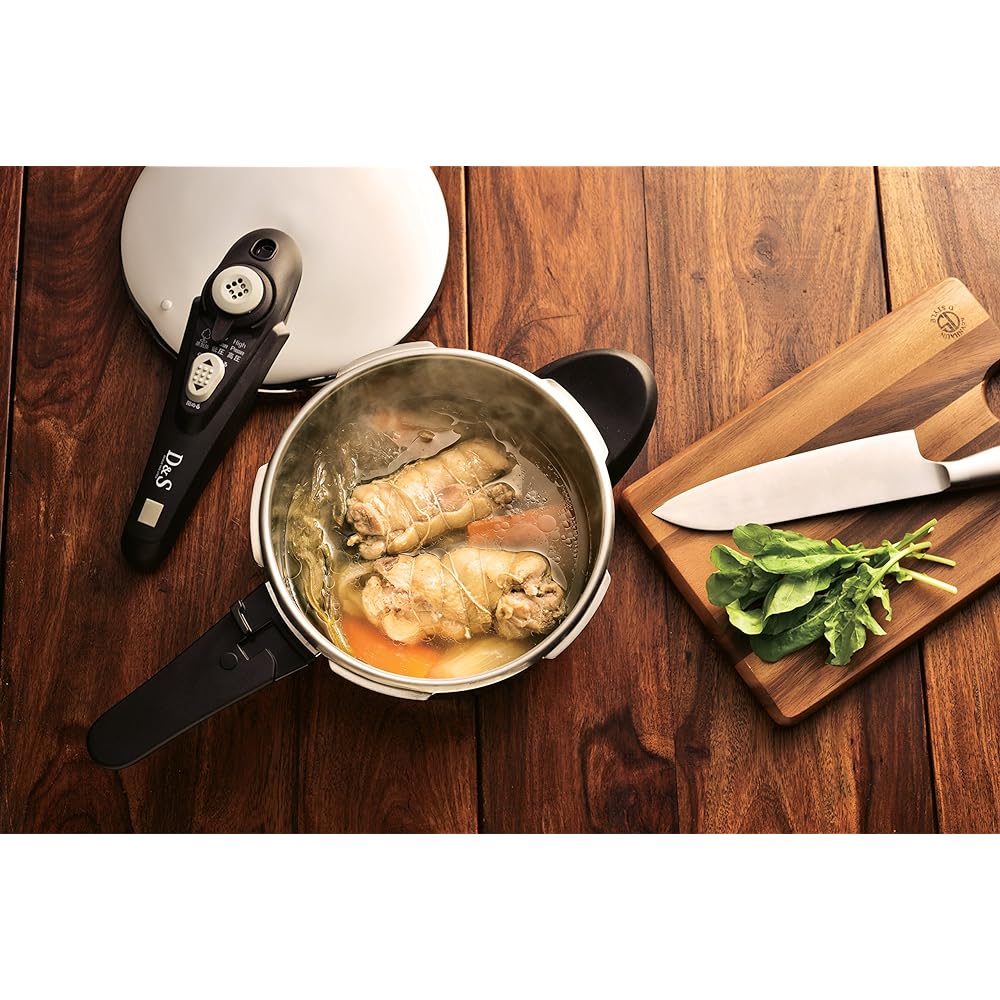 D&S Pressure cooker with 50 recipes IH compatible 4.5L Pressure adjustable (high pressure/low pressure) 50 recipe book with scale 18-8 stainless steel 2 capacities to choose from DSPC6027