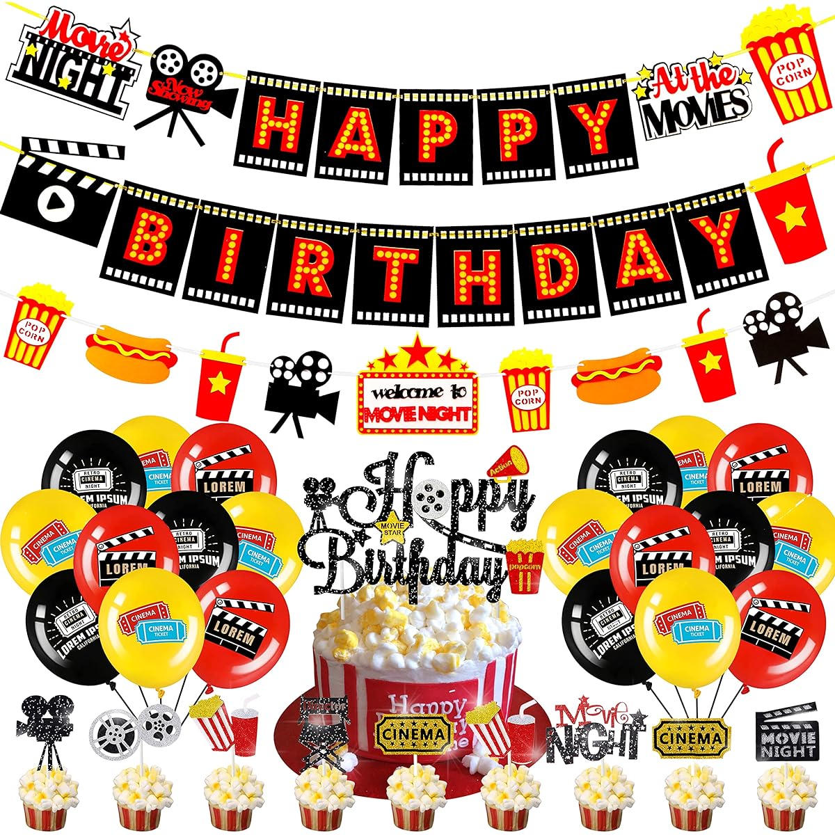 Movie Birthday Party Decorations, Movie Night Happy Birthday Banner, Foil Latex Balloons, Cake Cupcake Toppers, Movie Theme Party Supplies