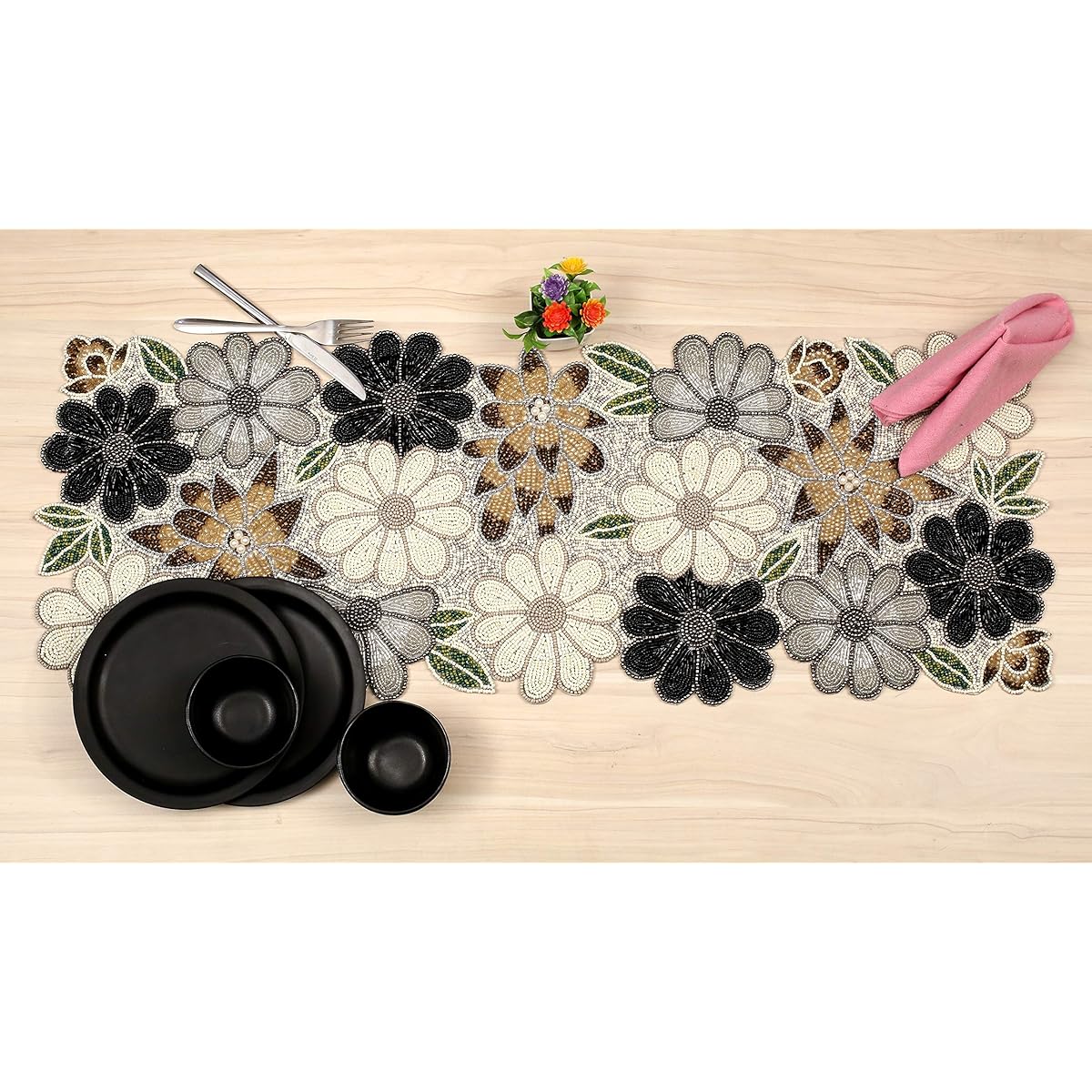 Floral Handmade Decorative Beaded Table Runner - Christmas, Easter, Fall, Harvest, Autumn, Thanksgiving, Bridal Shower Table Decor - Handmade by Expert Artisans - 13 x 36 - Brown Combo