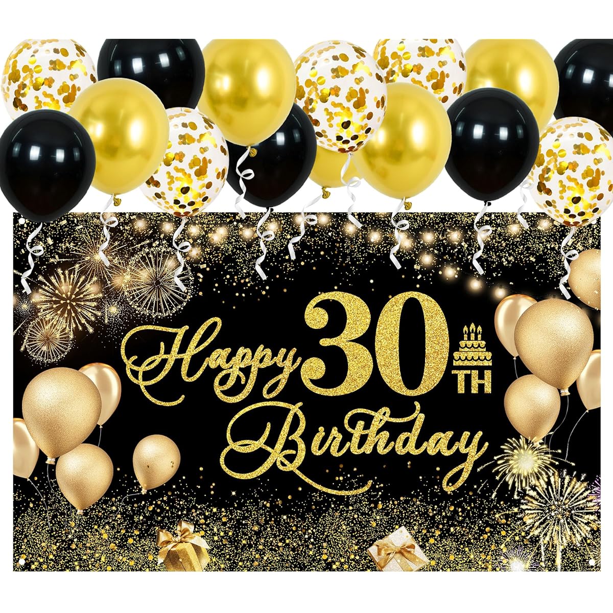 BEISHIDA 30th Birthday Decorations Happy Birthday Backdrop Banner Poster Large Fabric Birthday Background Birthday Party Supplies Backdrop for Birthday Party Decorations 71 x 43 Inch (Black and Gold)