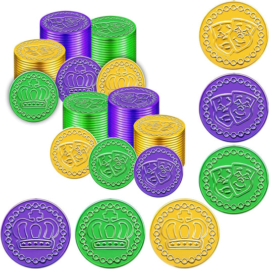Asstd 100 Plastic Mardi Gras Coins Gold Green Purple Multicolor Coins for Mardi Gras St. Patrick's Day Parade Carnival Party Favors