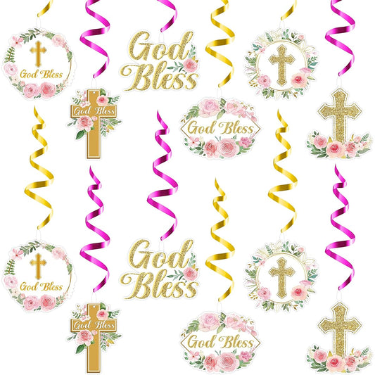 30 Pieces Pink Floral Cross Swirl Decorations Religious Baby Shower Theme Decor Hanging Ceiling Decorations First Communion Party Swirl Hanging Ornaments