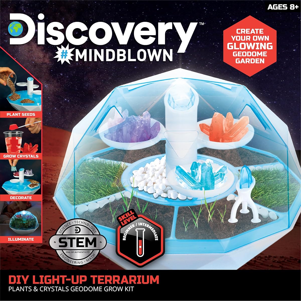 Discovery™ #Mindblown DIY Light Up LED Terrarium - Plant & Crystal Geodome Grow Kit with 3 Colorful Crystal Formations, Rye Grass, Educational STEM Activity Set, Indoor Science Experiment, Chemistry Gifts