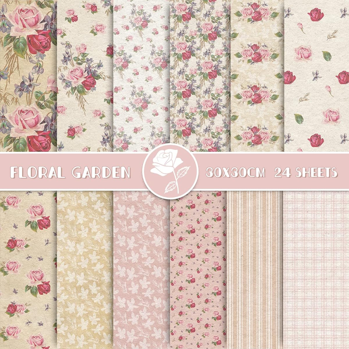 Whaline 12 Designs Spring Pattern Paper, 24 Sheets Rose Floral Scrapbook Paper Pink Double Sided Collection Decorative Craft Paper Folds Flat for Card Making Scrapbooking Photo Album Decoration 30 x 30cm