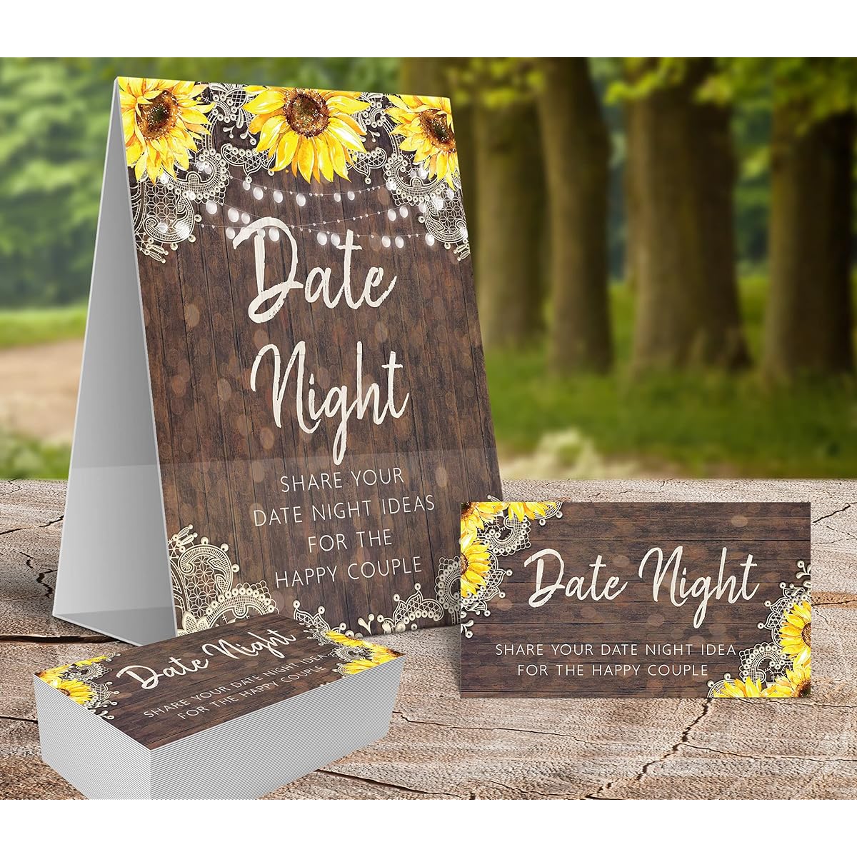 Sunflower Rustic Wooden Date Night Game Sign and Card Perfect for Bridal Shower or Wedding Floral Pattern